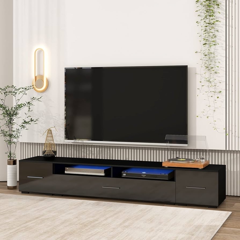 90 Inch TV Console with Glossy Black Fronts and Integrated Blue LED