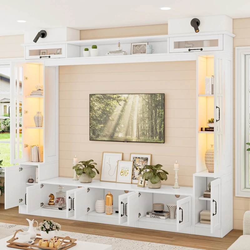 98 Inch Entertainment Center White Wall Unit Farmhouse Style