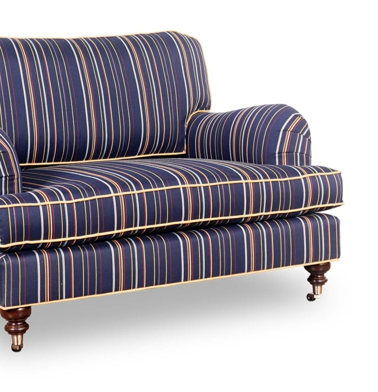 Accent Chair Contrasting Yellow Piping, Navy Striped, Metal Casters.