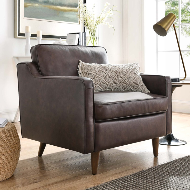Accent Chair Dark Brown Leather-Like Tapered Wood Legs