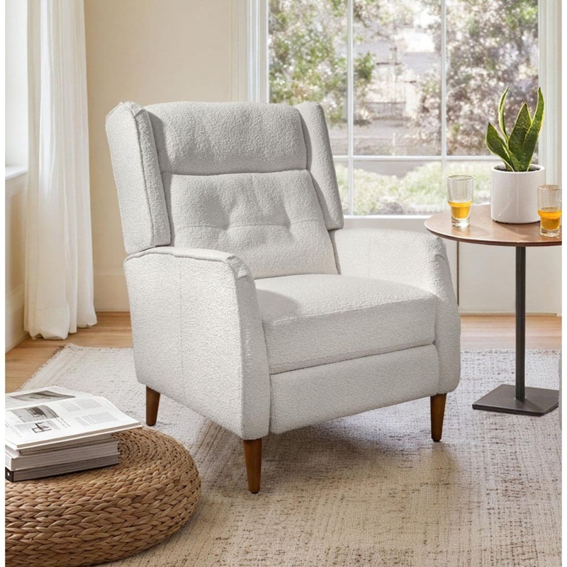 Accent Recliner with Tapered Wood Legs, Off-White Boucle Wingback Chair