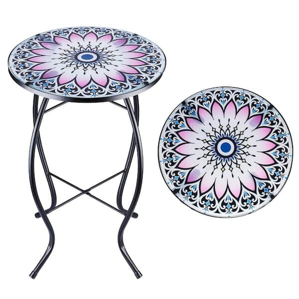 Accent Table Mandala Glass Top Curved Legs Boho Floral Plant Stand