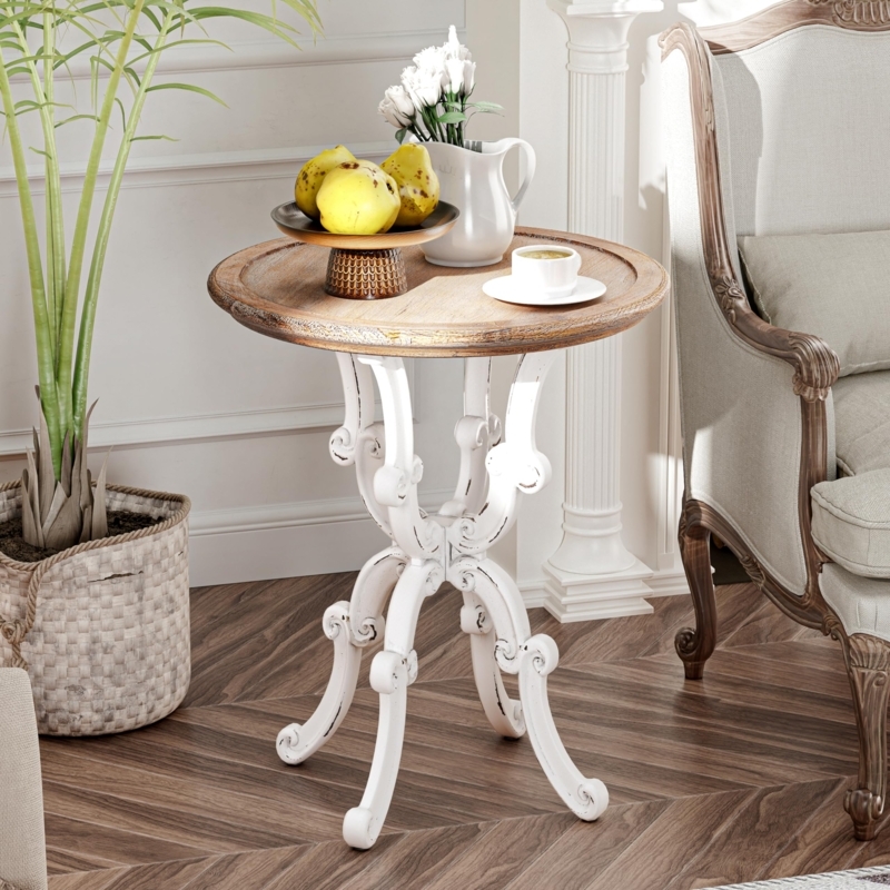 Accent Table Ornate Scrollwork Base Distressed White Round Wood Top