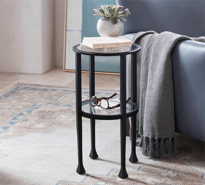 Accent Table: Two-Tier Metal Side Table with Matte Dark Flared Feet