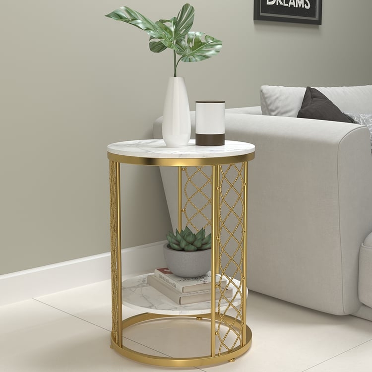 Accent Table Two Tier Round Gold Lattice Sides Marble