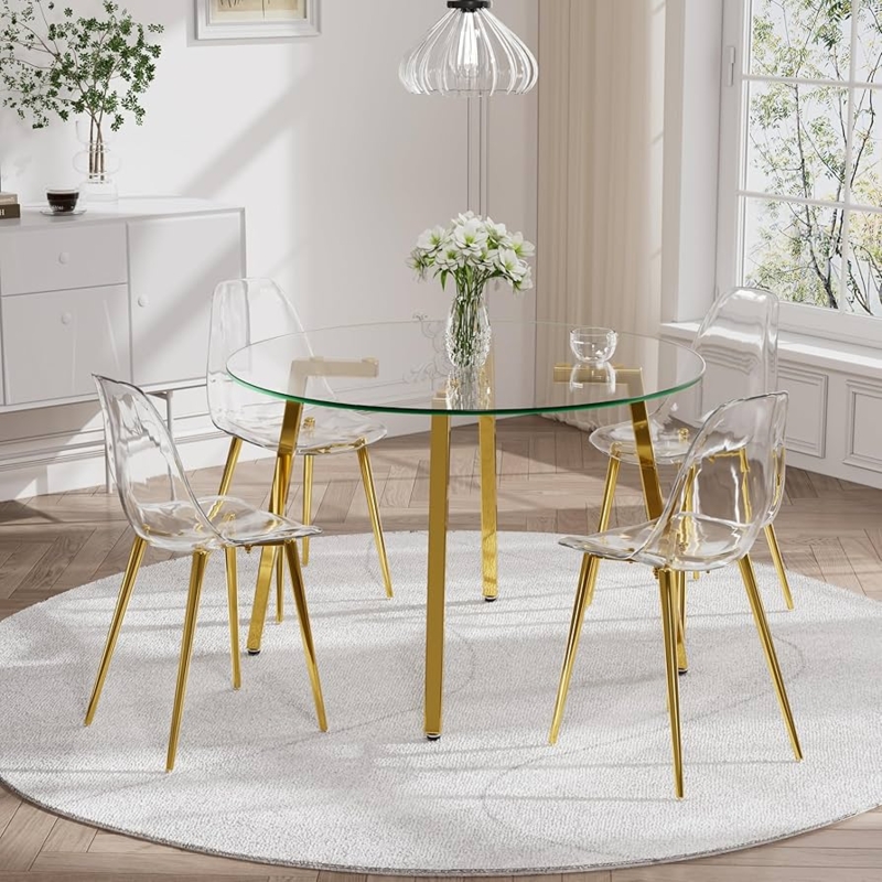 Acrylic Dining Set: Round Glass Table, Gold Tapered Legs