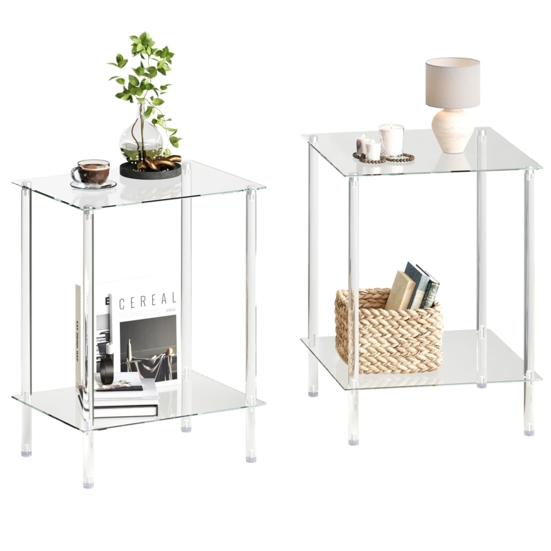 Acrylic End Table Set Two-Tier Transparent Cylindrical Legs Clear Minimalist