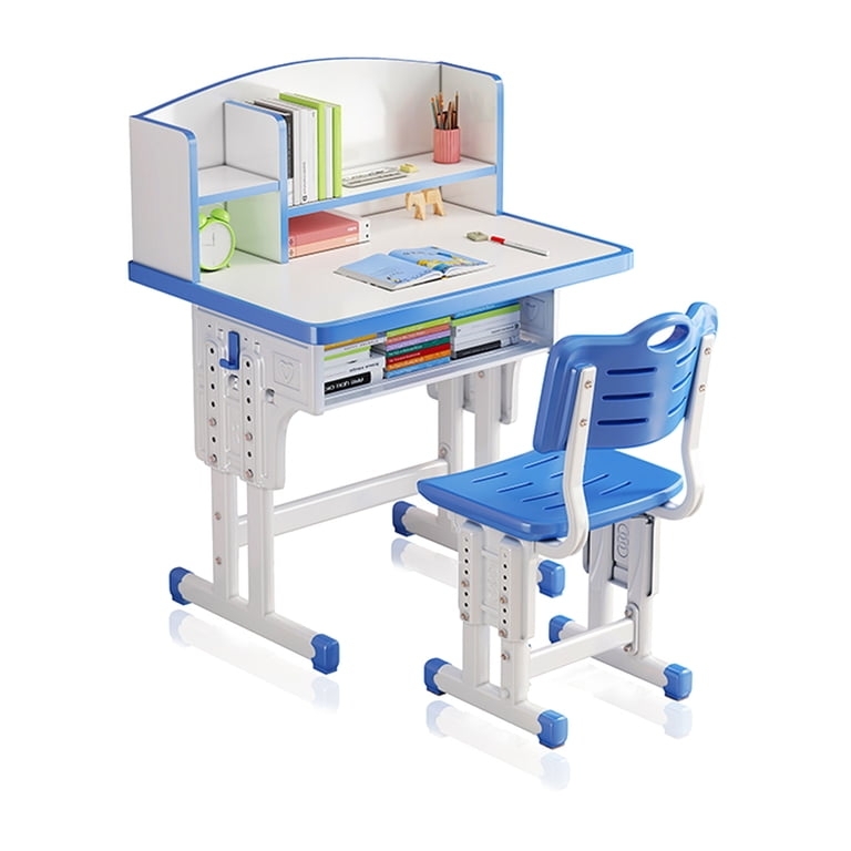 Adjustable Kids Desk Set Blue Bookshelf Hutch Slotted Back