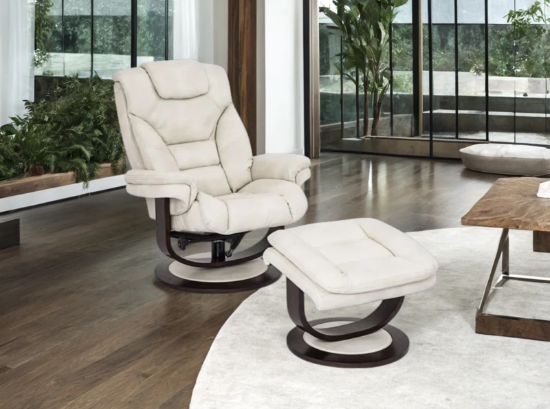 Airy Off-White Swivel Recliner Set with Dark Wood Pedestal Base