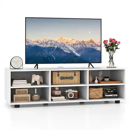 All White TV Stand Six Cubbies Block Feet Minimalist