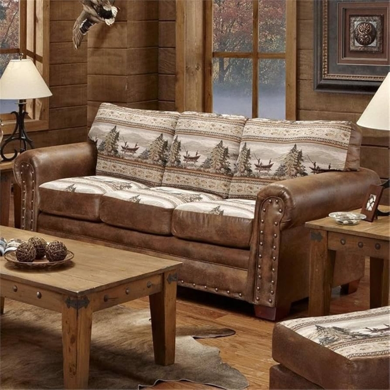 Alpine Lodge Sofa with Wildlife Print Cushions and Leather Look Trim