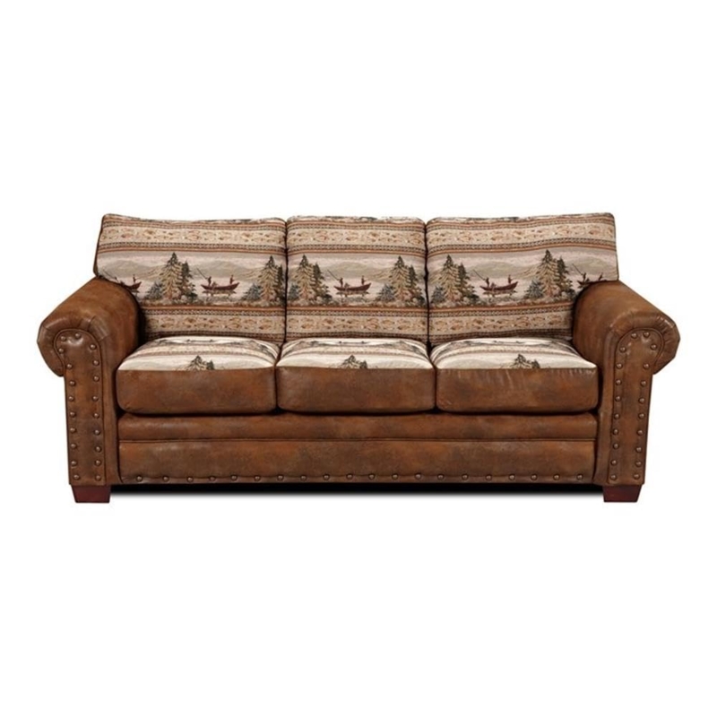 Alpine Tapestry Sofa featuring Fishing Scene Cushions and Nailhead Trim
