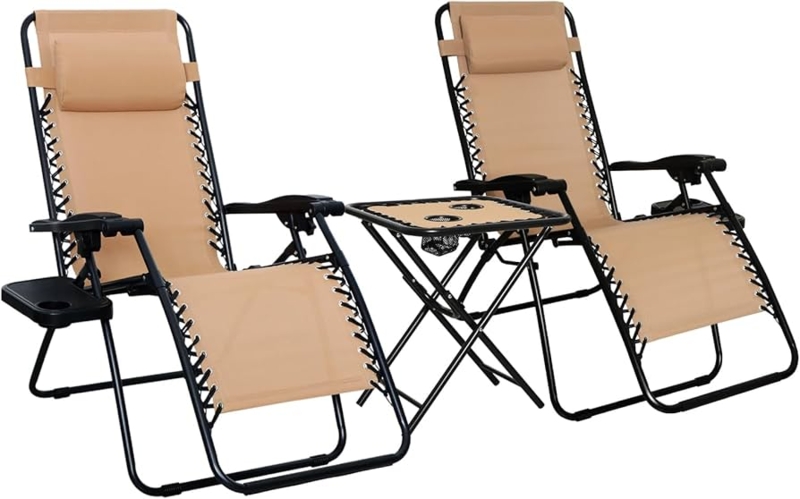 : Amazon Basics Outdoor Textilene Adjustable Zero Gravity  Folding Reclining Lounge Chair Set with Cup Holder, Side Table, Headrest,  Weather-Resistant, 35 x 26 x 43 inches, Beige, 2-Pack : Patio, Lawn & Garden