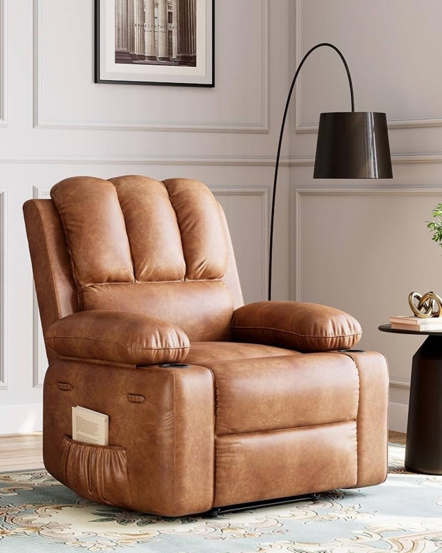Amazon.com: 27 in Leather Recliner Chair Oversized, Overstuffed Manual  Recliner Chair, Single Sofa for Adults, with Cup Holder and Side Pockets,  for Living Rooms, Max Weight 400 LBS, Vintage Leather : Home