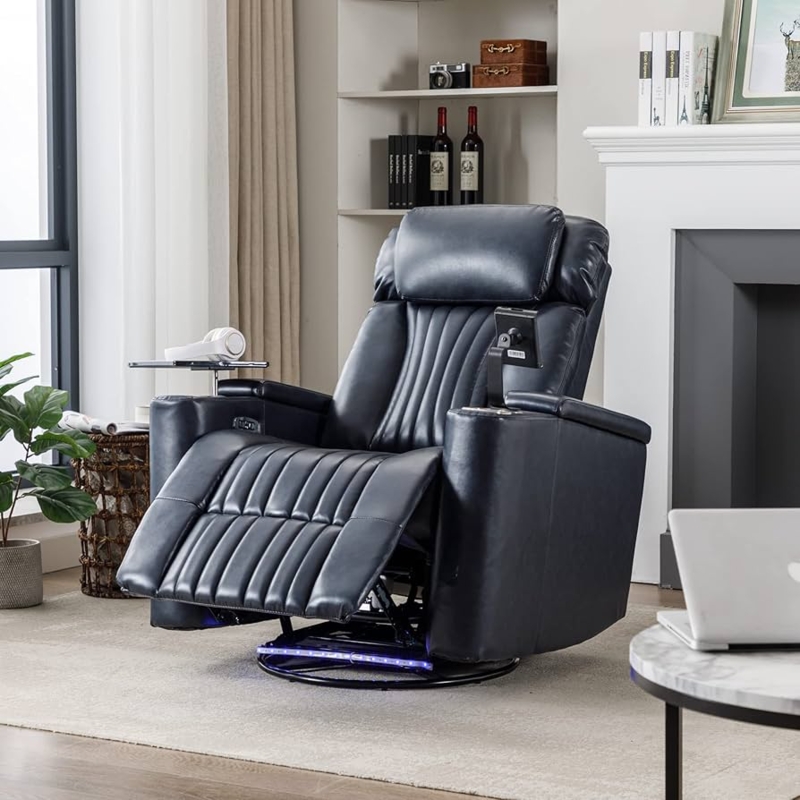 Amazon.com: 270 Power Swivel Recliner, Home Theater Seating With Hidden  Arm Storage and LED Light Strip, Cup Holder, 360 Swivel Tray Table, and  Cell Phone Holder, Soft Living Room Chair, Blue :