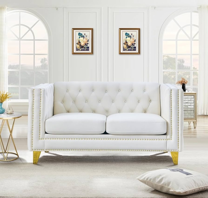 Amazon.com: 58-Inch Velvet Loveseat Sofa, Comfy Couch for Living Room,  Modern Sofa with Tufted Back and Rivet Decoration, Upholstered Small Love  Seat with Solid Golden Metal Tapered Legs, Beige : Home &