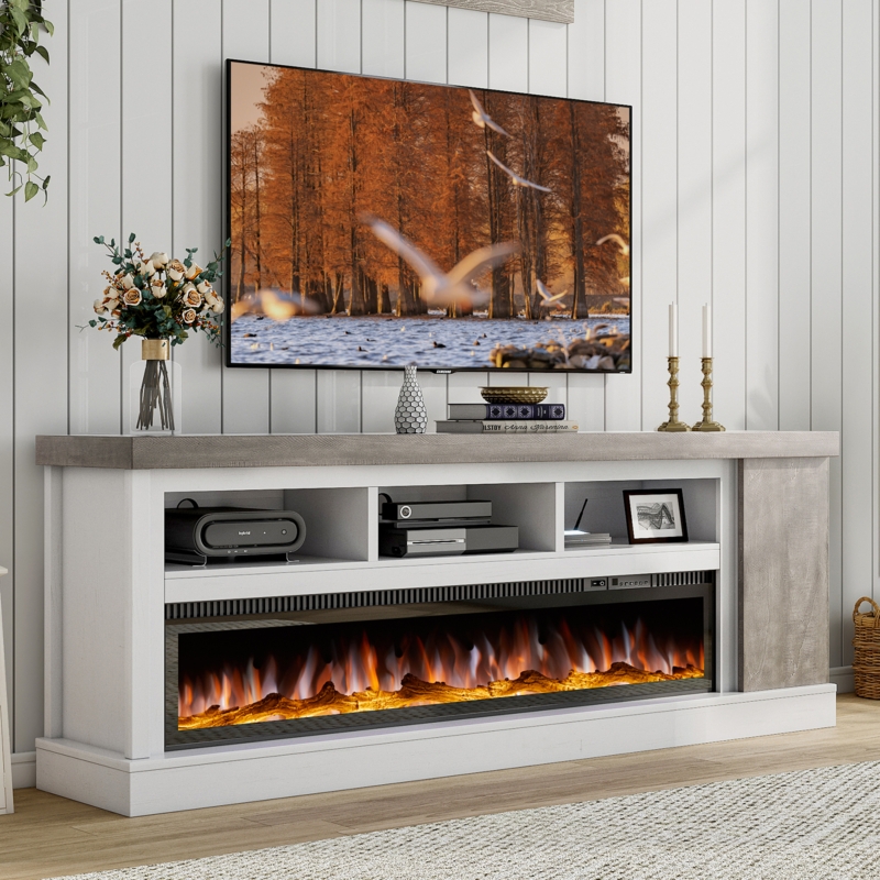 Amazon.com: 75" Fireplace TV Stand with 60" Glass Electric Fireplace, Color  Contrast Rustic Media Entertainment Center with Storage for TVs Up to 85"  for Living Room, Black & Brown : Home &
