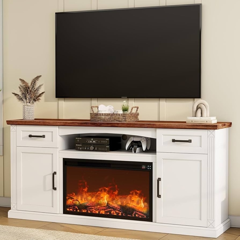 Amazon.com: ALLSTAND 70'' Fireplace TV Stand for up to 80 inch TV, 32" Tall  Entertainment Center with Fireplace, Farmhouse TV Stands with Electric  Fireplace for Living Room, 2 Drawers (White, 70'' Wooden