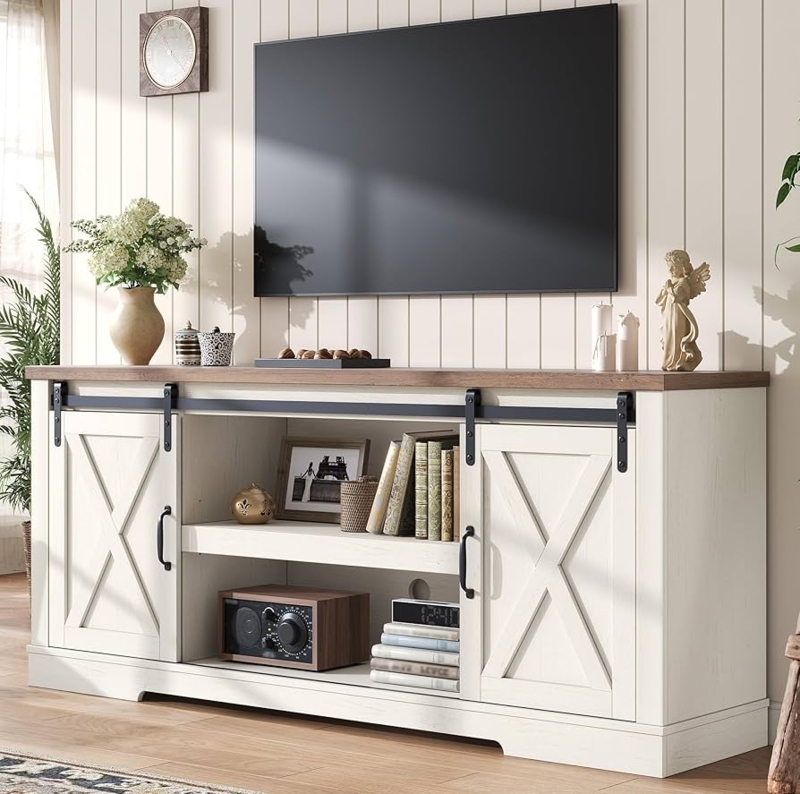 Amazon.com: AMERLIFE 66" Farmhouse TV Stand for 75 Inches TVs, Entertainment  Center with Sliding Barn Door and Adjustable Shelf & Feet, Console Table  with Storage, Distressed White & Rustic : Home &