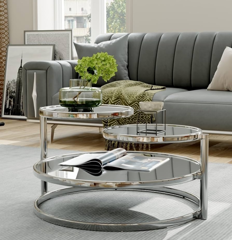Amazon.com: Anewsun Silver Swivel Coffee Table, Modern Glam Round Glass Coffee  Table with 2 Tier 360 Rotating Mirrored Top, Small Chrome Center Table for  Living Room, Home Office, Apartment : Home & Kitchen