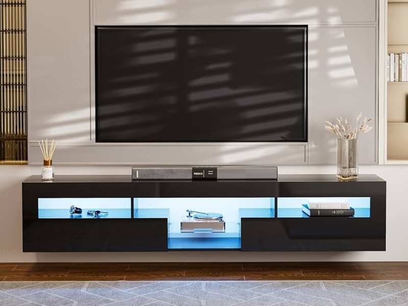 Amazon.com: AOVSA LED Floating TV Stand for 85 Inch TV, Black High Glossy  Wall Mounted Haning TV Stand with Cabinets, Entertainment Center Console  Shelf for Living Room : Home & Kitchen