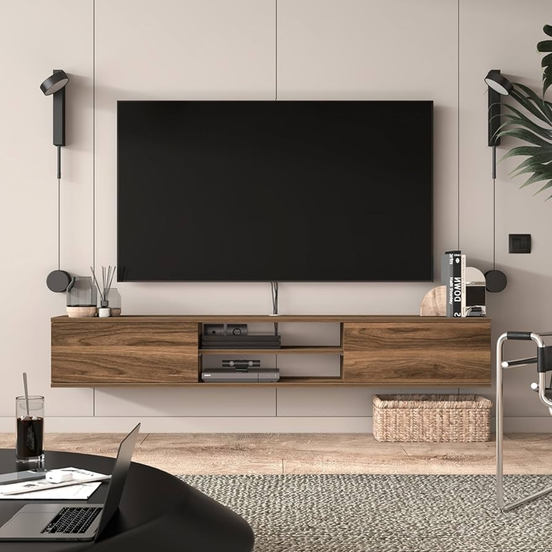 Amazon.com: Atelier Mobili Floating TV Stand 70 Inch - Wall Mounted  Entertainment Center with Storage - Modern TV Stand Walnut : Home & Kitchen