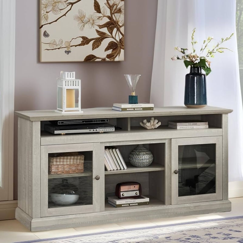 Amazon.com: CKEASEAN Modern TV Stand with Glass Doors, 60''W Media  Entertainment Center for TVs up to 65'', Entertainment Console Table with  Adjustable Shelves for Living Room (Gray Wash) : Home & Kitchen