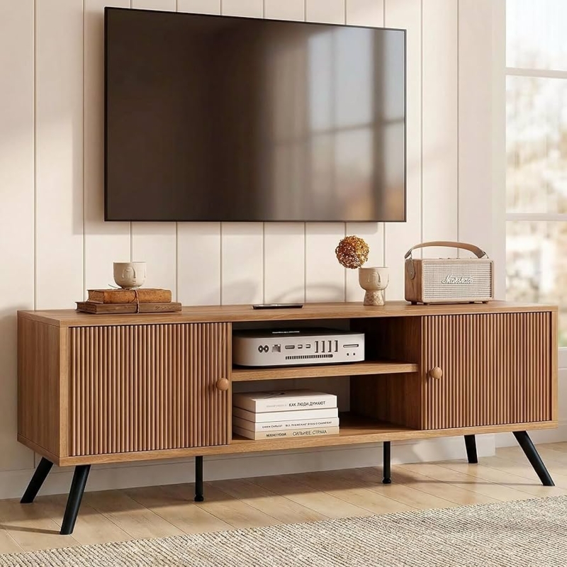 Amazon.com: COMHOMA TV Stand for Living Room, Mid Century Modern  Entertainment Center for 55/60/65 Inch TVs, Retro Brown TV Console with  Fluted Door Cabinets and Open Adjustable Shelve Storage for Bedroom (53In) :