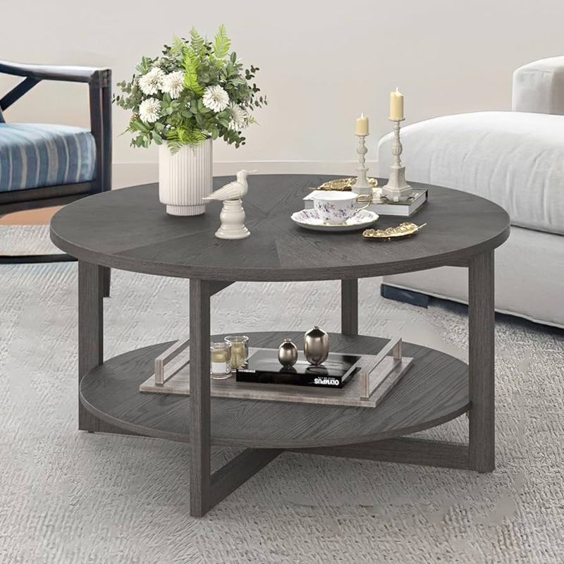 Amazon.com: Cozyman Round Coffee Table, 35" Rustic Modern Circle Coffee  Tables with 2-Tier Storage Shelf, Wood Coffee Table for Living Room, Dark  Grey : Home & Kitchen
