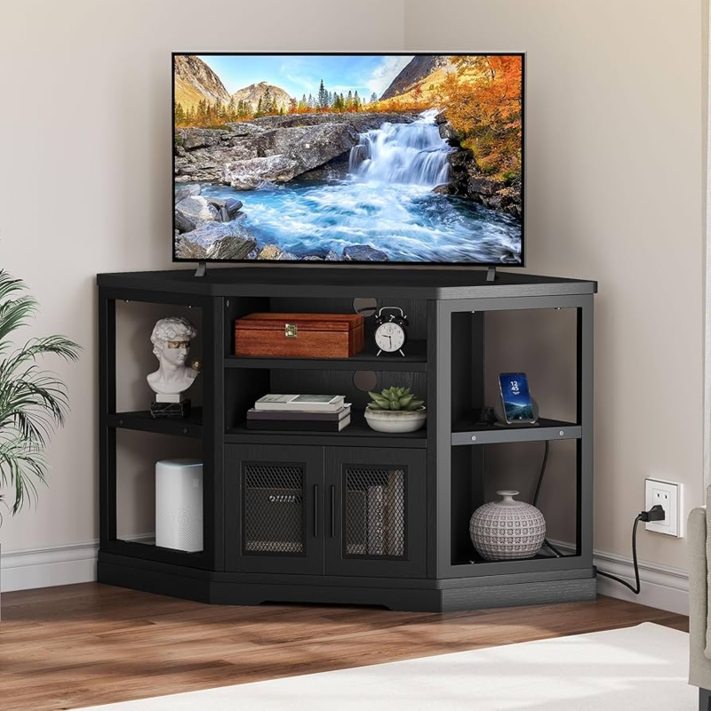 Amazon.com: DWVO Corner TV Stand for 50 Inch TV, Farmhouse TV Stands for  Living Room, Black Entertainment Center with Storage & Power Outlets, Wood TV  Console Cabinet, Black : Home & Kitchen