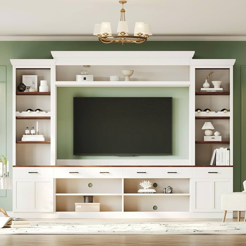 Amazon.com: Farmhouse 4-Piece Entertainment Wall Unit Set with Bookshelf  for TVs Up to 70", TV Console Stand Entertainment Center with Open Shelves,  Large Wine Cabinet Display Cabinet for Living Room (White) :