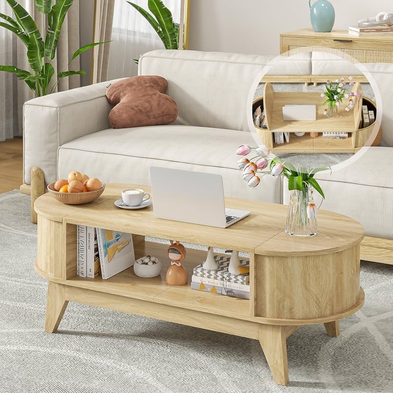 Amazon.com: Fsbecl 46.45'' Oval Coffee Tables for Living Room, Mid Century  Modern Coffee Table with Storage, Wood Fluted Accent Center Table with Flip- Top Lids for Home,Office (Wood Color) : Home & Kitchen