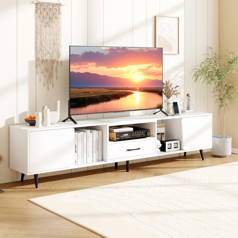 Amazon.com: Giantex 79" White TV Stand with Power Outlets, Modern Entertainment  Center w/ 3 Open Shelves, 2 Side Cabinets & Drawer, Media TV Console Table  for Living Room Bedroom, Television Stands for