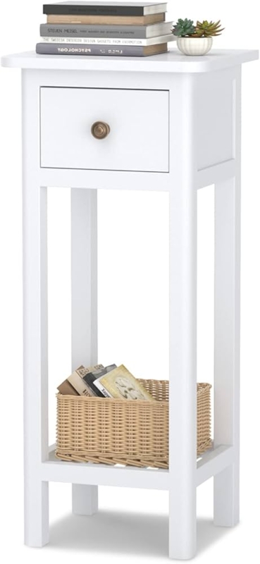 Amazon.com: Giantex Tall End Table, Narrow Side Table with Drawer and  Shelf, Acacia Wood Nightstand for Living Room, 2-Tier Bedside Table for  Small Space, No Assembly, White : Home & Kitchen