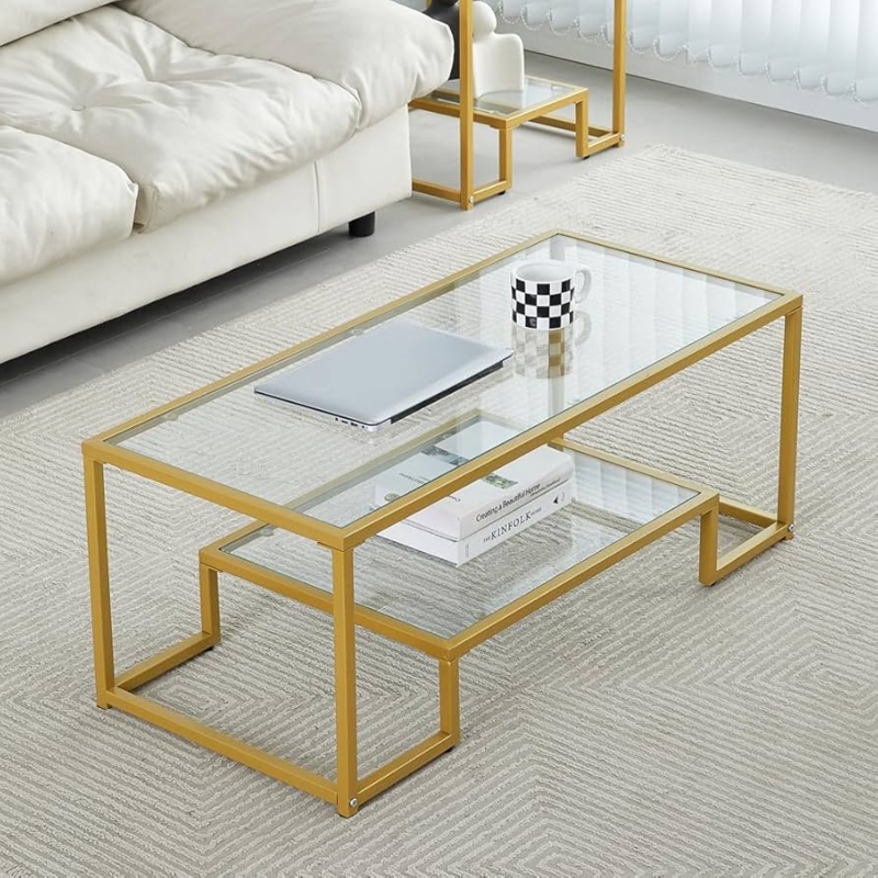 Amazon.com: Golden Metal Glass Coffee Table - Two-Tiered with Tempered Glass,  Stylish Metal Frame Coffee Table for Bedroom, Dining Room, Office Room. :  Home & Kitchen
