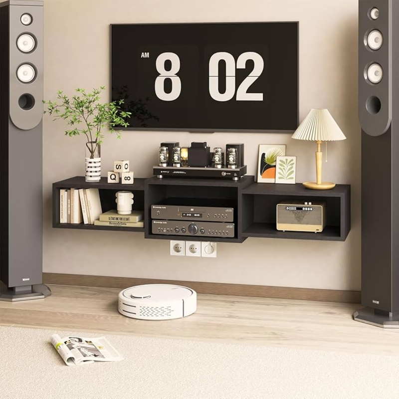 Amazon.com: IBUYKE Floating TV Stand Wall Mounted with Power Outlet,Modern  Wood Wall Mounted Media Console Shelf,Floating Entertainment Center for  Under TV Storage for Living Room Bedroom Office,Black WST001B- : Home &