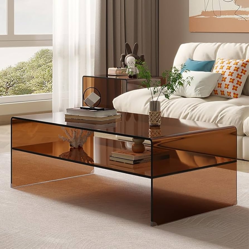 Amazon.com: LITFAD Rectangular Brown Glass Living Room Table Modern Coffee  Table with Sled Base and Storage - 43" L x 22" W x 17" H : Home & Kitchen