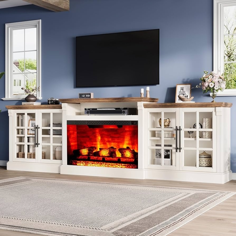 Amazon.com: LUXOAK 97" Farmhouse TV Stand with 33" Fireplace for TVs up to  100", Media Entertainment Center with Large Storage Cabinet Adjustable  Shelves for Living Room, White/Barnwood : Home & Kitchen