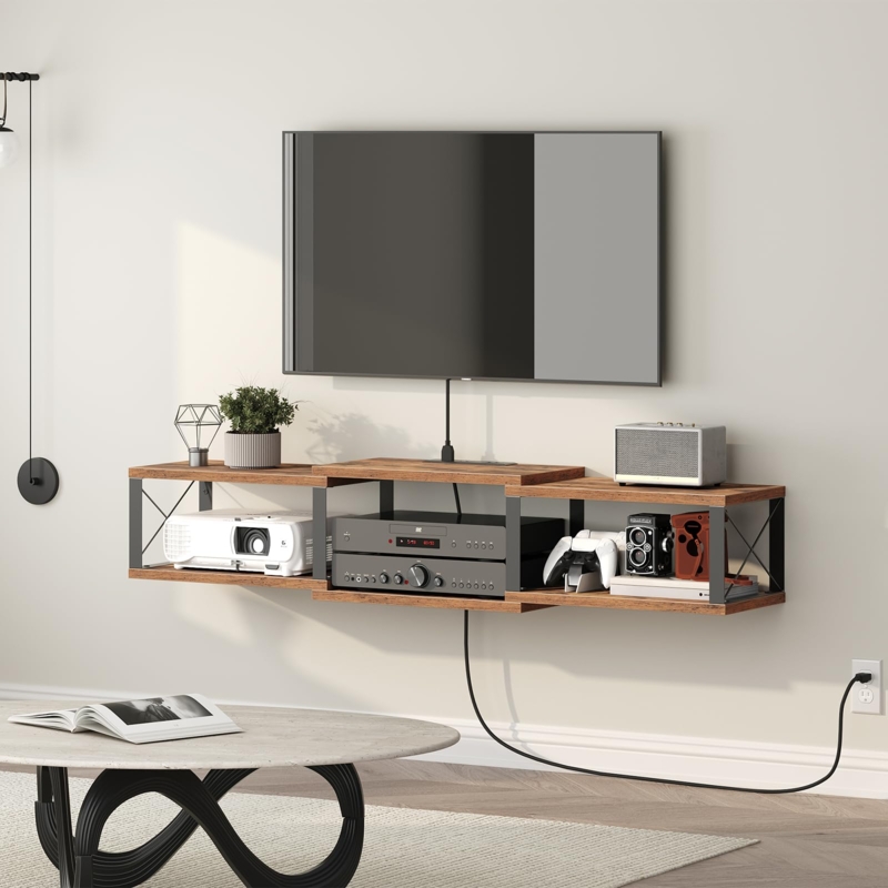 Amazon.com: MAHANCRIS 43.7 Floating TV Stand with Power Outlet, Wall-Mounted  Entertainment Center, Floating Metal Frame Media Console Shelf for Under TV  Storage, for Living Room, Bedroom, Rustic Brown TVHR101E01 : Home