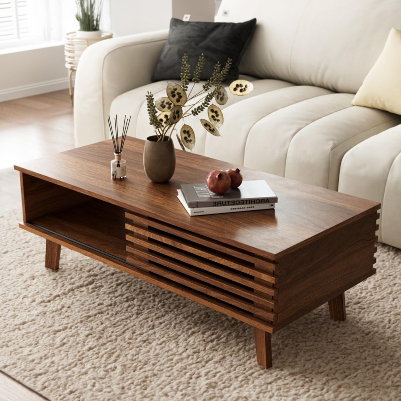 Amazon.com: MAISONARIA Mid Century Coffee Table with Storage & Sliding  Fence Door, Modern Coffee Tables for Living Room, Walnut Finish : Home &  Kitchen