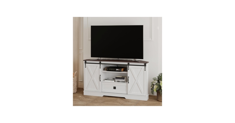 Amazon.com: Melidee Corner TV Stand for 65 inch TV, 58" Hexagon Entertainment  Center with Sliding Barn Doors and Adjustable Shelves, Farmhouse Media  Console with Drawer & Cable Management for Living Room, White :