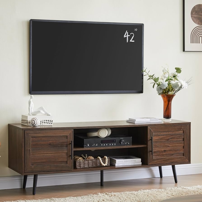 Amazon.com: Mid Century Style Modern Walnut TV Stand for 65 inch tv, Wood  Entertainment Center with Storage Cabinet and Open Shelf, TV Media Console  Table for Living Room, Dark Brown : Home