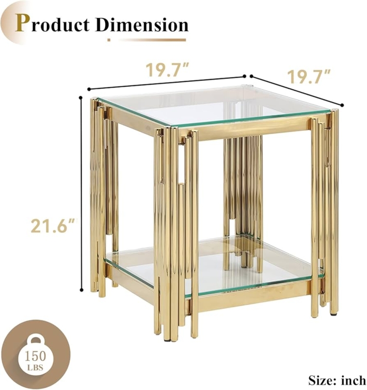 Amazon.com: Modern Glass End Table, 2-Tier Side Table with Gold Stainless  Steel Frame, Square Sofa Side Table w/Storage, Glass Accent Table Bedside  Table Nightstand for Living Room Bedroom : Home & Kitchen