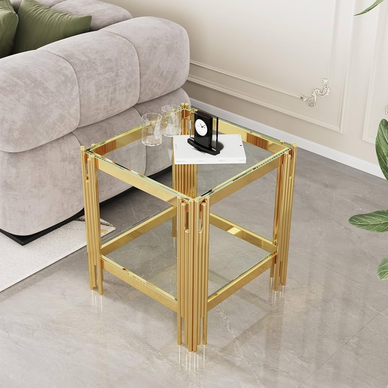Amazon.com: Modern Glass End Table, 2-Tier Side Table with Gold Stainless  Steel Frame, Square Sofa Side Table w/Storage, Glass Accent Table Bedside  Table Nightstand for Living Room Bedroom : Home & Kitchen