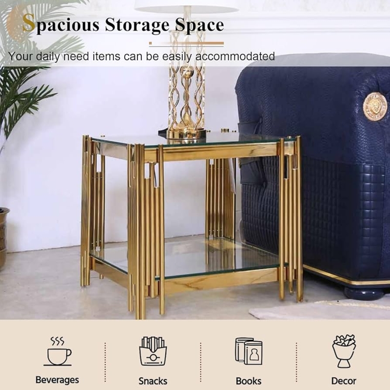 Amazon.com: Modern Glass End Table, 2-Tier Side Table with Gold Stainless  Steel Frame, Square Sofa Side Table w/Storage, Glass Accent Table Bedside  Table Nightstand for Living Room Bedroom : Home & Kitchen