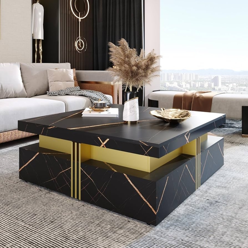 Amazon.com: Modern Square Coffee Table with Gold Accents and 4 Drawers,  Versatile Living Room Furniture and Stylish Storage Organizer (Black-003) :  Home & Kitchen