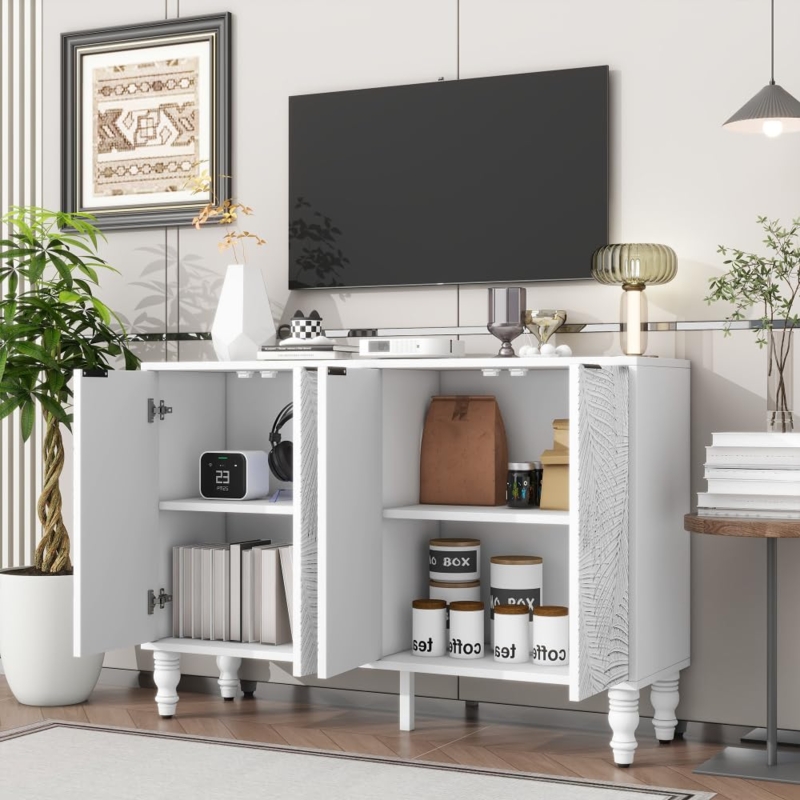 Amazon.com: Modern TV Stand, Entertainment Center Media Console with 2  Spacious Storage Space, Solid Wood Legs and Anti-tip Device for Living  Room, Up to 43'' (White + MDF + 40-49 inches) :