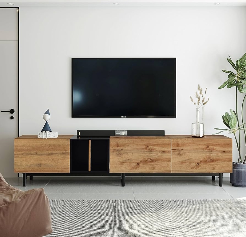 Amazon.com: Modern TV Stand for 80'' Inch TV, Entertainment Center with 3  Drop Down Doors, Wooden Media Console Table with Large Storage Cabinet for  Living Room Bedroom (Natural Wood, 3 Drop Down