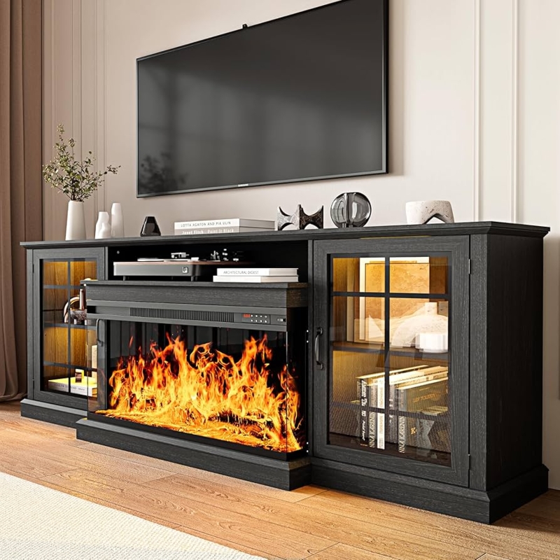 Amazon.com: MXV 80'' Fireplace TV Stand, Farmhouse Entertainment Center  with 3 Sided Glass TV Stand, Modern Media Console Table with Storage  Drawers & Cabinets with LED Flame and Lights for Living Room,