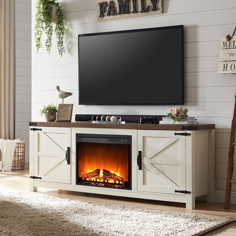 Amazon.com: OKD Farmhouse Fireplace TV Stand for 70 75 Inch TV, Rustic  Entertainment Center with 23" Electric Fireplace, Barn Door, Adjustable  Shelves, Wood Media Console Cabinet for Living Room, Antique White :